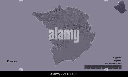 Shape of Tlemcen, province of Algeria, with its capital isolated on solid background. Distance scale, region preview and labels. Colored elevation map Stock Photo