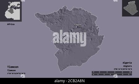 Shape of Tlemcen, province of Algeria, and its capital. Distance scale, previews and labels. Colored elevation map. 3D rendering Stock Photo