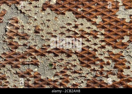 rusty eroded vintage old diamond plate deep texture metal suitable for website background marketing backgrounds backdrops architecture architectural l Stock Photo