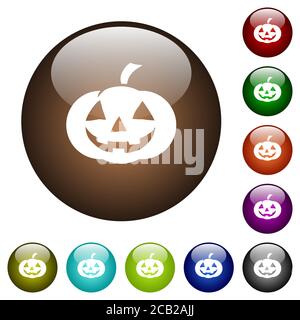 Halloween pumpkin white icons on round color glass buttons Stock Vector