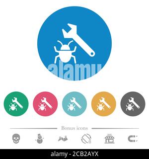 Bug fixing flat white icons on round color backgrounds. 6 bonus icons included. Stock Vector