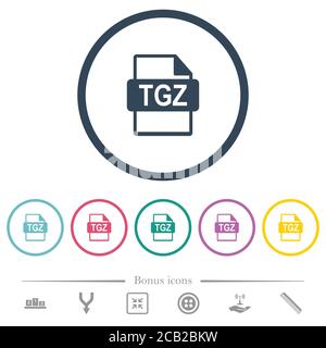 TGZ file format flat color icons in round outlines. 6 bonus icons included. Stock Vector