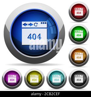 Browser 404 page not found icons in round glossy buttons with steel frames Stock Vector