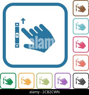 Right handed scroll up gesture simple icons in color rounded square frames on white background Stock Vector