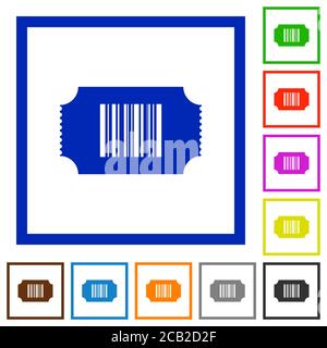 Ticket with barcode flat color icons in square frames on white background Stock Vector