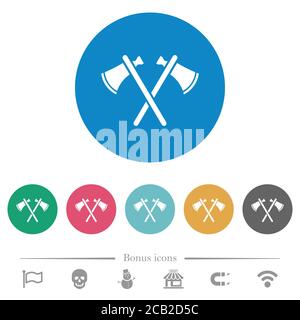 Two tomahawks flat white icons on round color backgrounds. 6 bonus icons included. Stock Vector