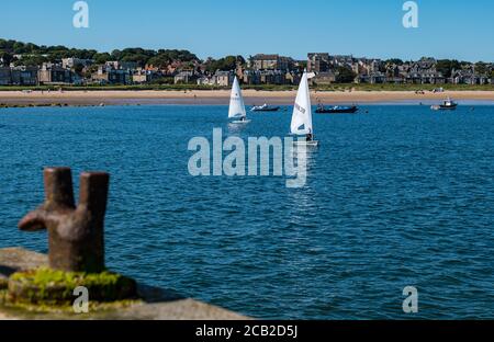 Laser sailing dinghies setting off in ELYC sailing race from North Berwick, East Lothian, Scotland, UK Stock Photo
