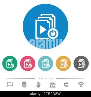 Exit from playlist flat white icons on round color backgrounds. 6 bonus icons included. Stock Vector