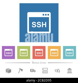 SSH client application flat white icons in square backgrounds. 6 bonus icons included. Stock Vector