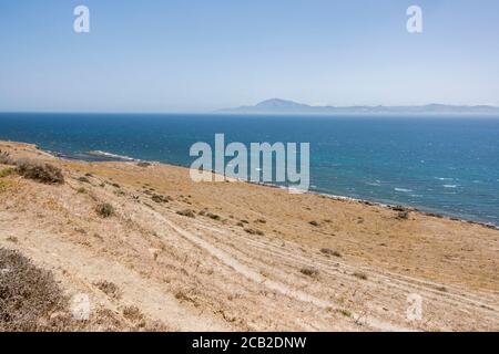 Strait of Gibraltar  with Mountains of Morocco, Jebel musa seen from Andalucia, Spain. Stock Photo