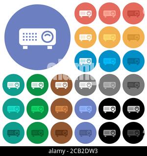 Video projector multi colored flat icons on round backgrounds. Included white, light and dark icon variations for hover and active status effects, and Stock Vector