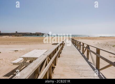 Tarifa Spain. Tarifa Beach, wooden walkway at Atlantic ocean, during Covid 19 crisis, Tarifa, Costa de la Luz, Andalusia, Spain Stock Photo