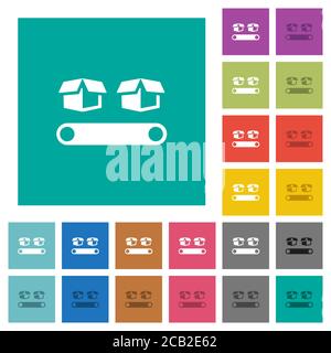 Conveyor with boxes multi colored flat icons on plain square backgrounds. Included white and darker icon variations for hover or active effects. Stock Vector