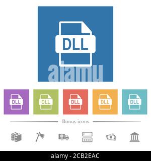 DLL file format flat white icons in square backgrounds. 6 bonus icons included. Stock Vector