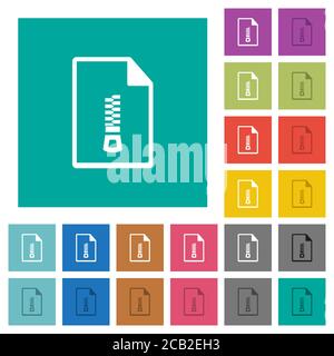 Compressed document multi colored flat icons on plain square backgrounds. Included white and darker icon variations for hover or active effects. Stock Vector