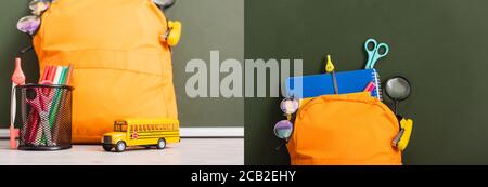 collage of yellow backpack with school supplies near school bus model and pen holder on desk near green chalkboard Stock Photo