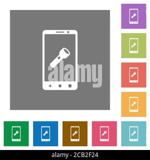 Mobile flashlight flat icons on simple color square backgrounds Stock Vector