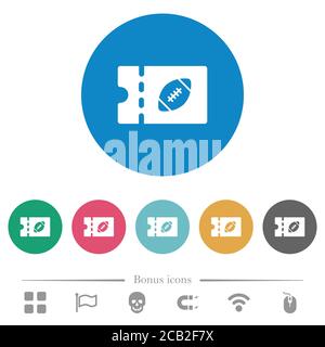 Rugby discount coupon flat white icons on round color backgrounds. 6 bonus icons included. Stock Vector