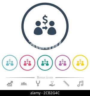 Send dollars flat color icons in round outlines. 6 bonus icons included. Stock Vector