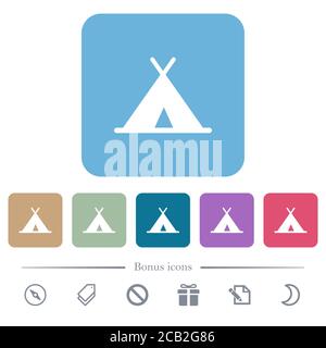 Tent white flat icons on color rounded square backgrounds. 6 bonus icons included Stock Vector