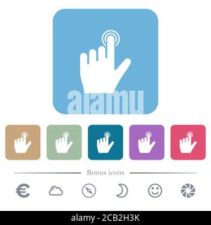 left handed clicking gesture white flat icons on color rounded square backgrounds. 6 bonus icons included Stock Vector