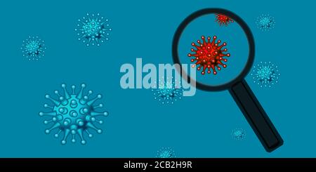 2019-ncov under loop and scientific research, concept,  blue background 3d illustration of coronavirus, 3D visualisation of covid-19, Stock Photo