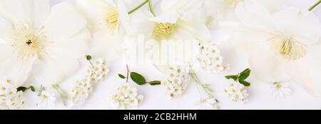 Festive flower composition on the white background. Overhead view Stock Photo