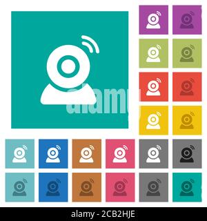 Wireless camera multi colored flat icons on plain square backgrounds. Included white and darker icon variations for hover or active effects. Stock Vector