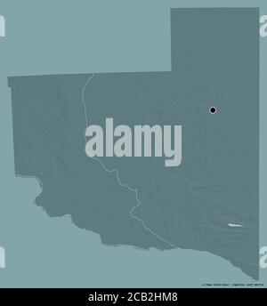 Shape of La Pampa, province of Argentina, with its capital isolated on a solid color background. Colored elevation map. 3D rendering Stock Photo