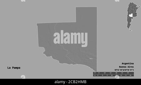 Shape of La Pampa, province of Argentina, with its capital isolated on solid background. Distance scale, region preview and labels. Bilevel elevation Stock Photo