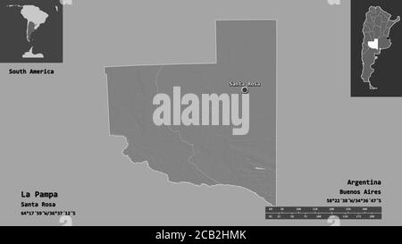 Shape of La Pampa, province of Argentina, and its capital. Distance scale, previews and labels. Bilevel elevation map. 3D rendering Stock Photo