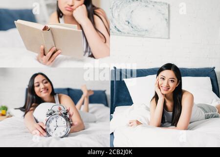 Collage of smiling asian girl holding alarm clock, reading book and looking at camera on bed Stock Photo