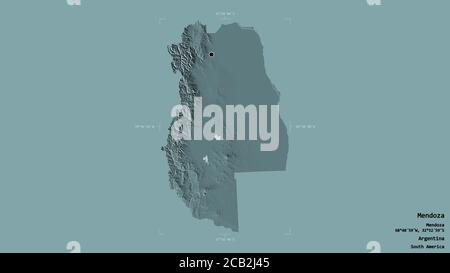 Area of Mendoza, province of Argentina, isolated on a solid background in a georeferenced bounding box. Labels. Colored elevation map. 3D rendering Stock Photo