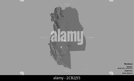 Area of Mendoza, province of Argentina, isolated on a solid background in a georeferenced bounding box. Labels. Bilevel elevation map. 3D rendering Stock Photo