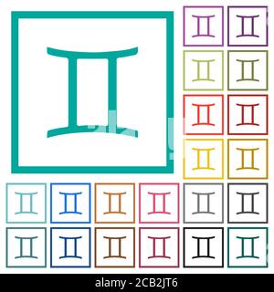 Gemini zodiac symbol flat color icons with quadrant frames on white background Stock Vector