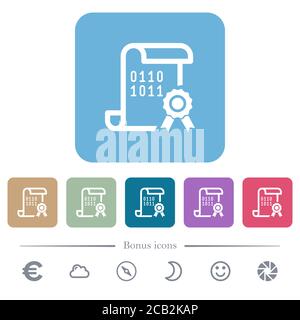 Digital certificate white flat icons on color rounded square backgrounds. 6 bonus icons included Stock Vector