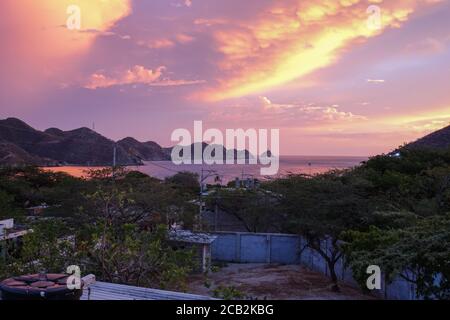 The touristic village of Taganga near Santa Marta in beautiful sunset light 2020. Stock Photo