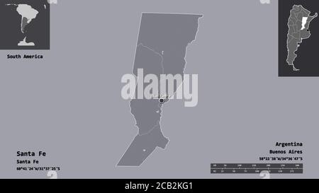 Shape of Santa Fe, province of Argentina, and its capital. Distance scale, previews and labels. Colored elevation map. 3D rendering Stock Photo