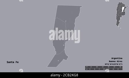 Shape of Santa Fe, province of Argentina, with its capital isolated on solid background. Distance scale, region preview and labels. Colored elevation Stock Photo