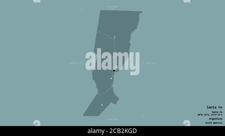 Area of Santa Fe, province of Argentina, isolated on a solid background in a georeferenced bounding box. Labels. Colored elevation map. 3D rendering Stock Photo