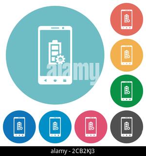 Mobile battery settings flat white icons on round color backgrounds Stock Vector