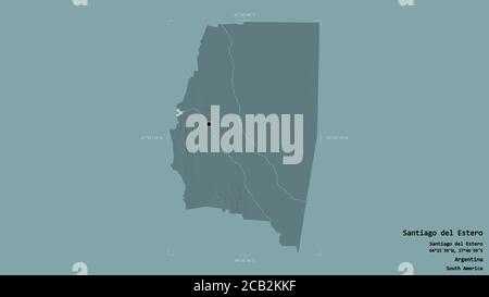 Area of Santiago del Estero, province of Argentina, isolated on a solid background in a georeferenced bounding box. Labels. Colored elevation map. 3D Stock Photo