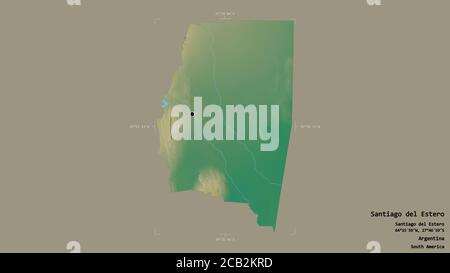Area of Santiago del Estero, province of Argentina, isolated on a solid background in a georeferenced bounding box. Labels. Topographic relief map. 3D Stock Photo
