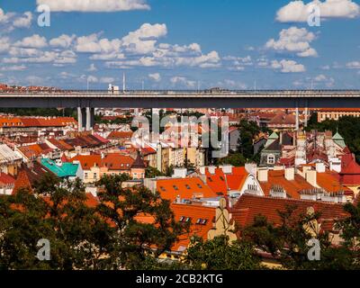 Modern transport bridge above residential part of Prague Stock Photo