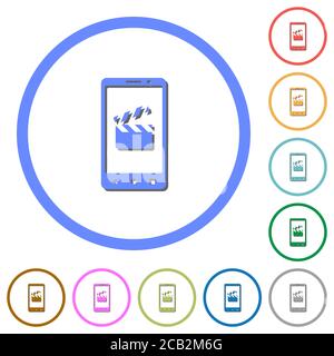 Smartphone film cut flat color vector icons with shadows in round outlines on white background Stock Vector