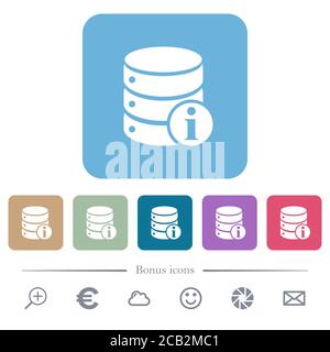 Database info white flat icons on color rounded square backgrounds. 6 bonus icons included Stock Vector