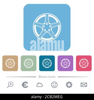 Alloy wheel white flat icons on color rounded square backgrounds. 6 bonus icons included Stock Vector