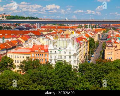 Prague cityscape on sunny summer day with Nusle Valley and Nusle Bridge, Czech Republic. Stock Photo