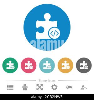 Plugin programming flat white icons on round color backgrounds. 6 bonus icons included. Stock Vector
