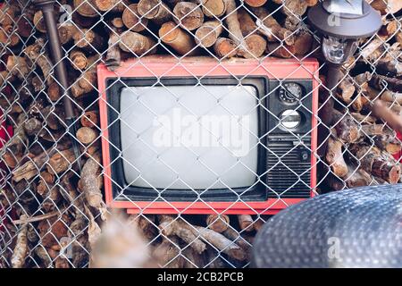 old retro vintage tv television decorating with tree branch Stock Photo